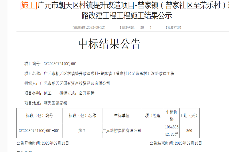 喜報:路橋集團中標廣元市朝天區(qū)村鎮(zhèn)提升改造項目-曾家鎮(zhèn)(曾家社區(qū)至榮樂村)道路改建工程